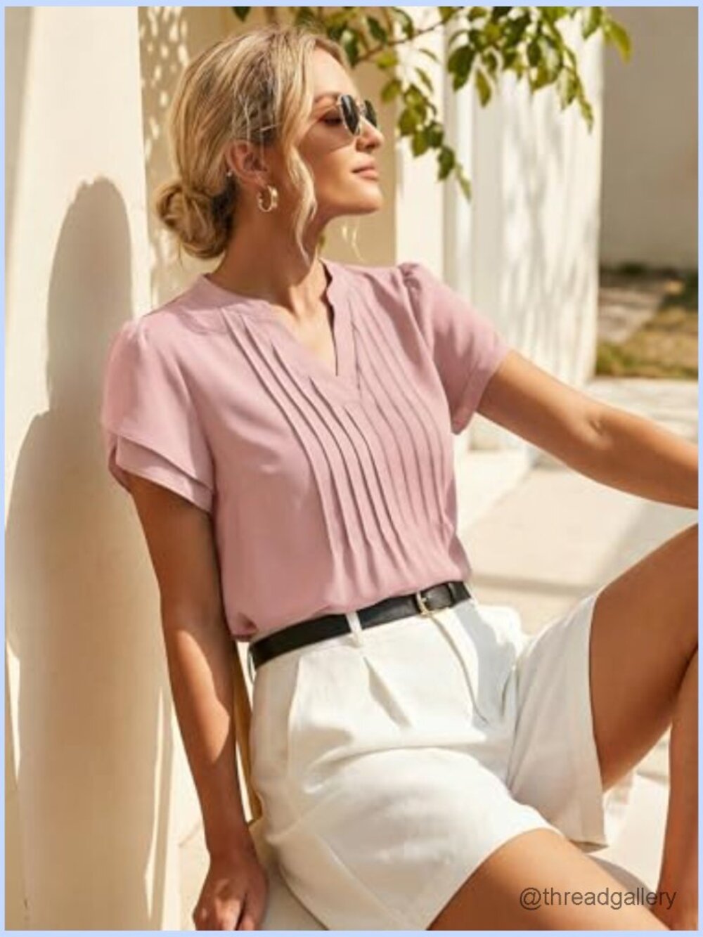 Women's Dressy Casual Short Sleeve Pintuck Chiffon Blouse Tunic Top - Picture 3 of 7